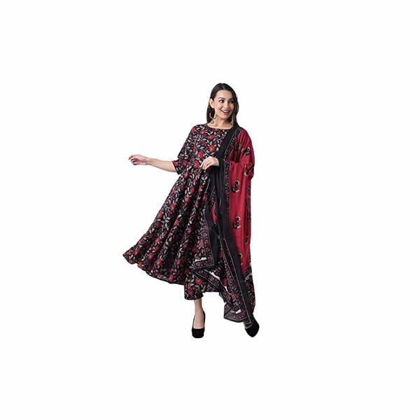 Women's Rayon Printed Black Anarkali Kurta with Palazzos Pants and Dupatta Set