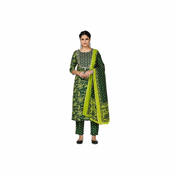 Women's Floral Printed & Sequience Work Straight Cotton Stitched Kurta Pant with Dupatta