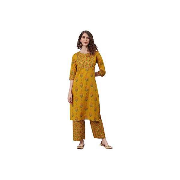Women's Mustard Cotton Floral Print Kurta with Palazzo