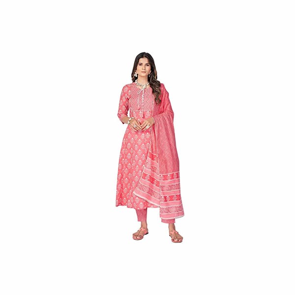 Women's Printed & Handwork Anarkali Cotton Kurta with Pant & Dupatta