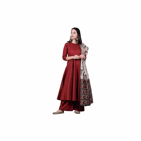 Women's Viscose Empire Maroon Flared Kurta Palazzo Set With Beige Floral Dupatta