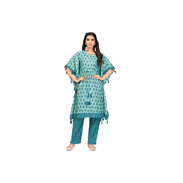 Women's Printed Muslin Stitched Kaftan Kurta with Pant Set