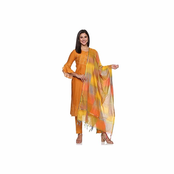 Women's Pure Cotton three piece set with mono crome embroidery kurta pant with ikkat chanderi dupatta For Office Wear Any Occasion