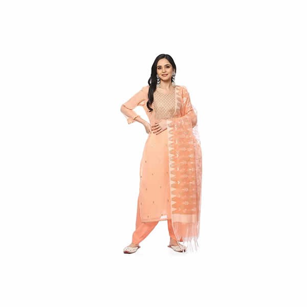 Women's Peach Chanderi Machine Embroidered Unstitched Suit Set