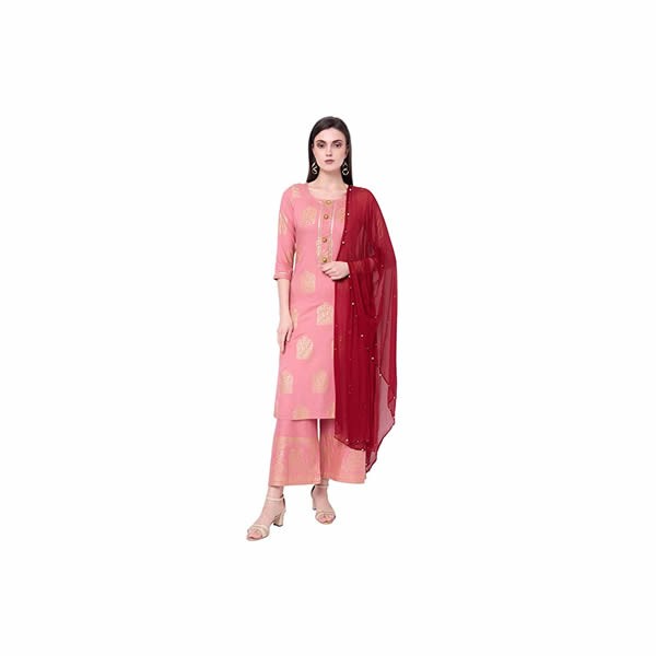 Women's Rayon Gold Printed Kurta And Palazzo With Chiffon Dupatta Set