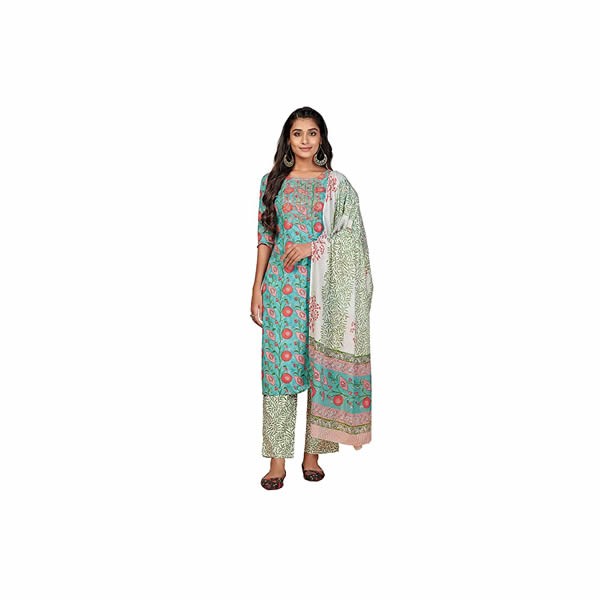 Women's Printed & Embroidered Straight Cotton Aqua Stitched Kurta Pant with Dupatta