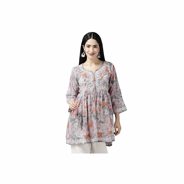 Chikankari A-Line Grey Cotton Top Tunic Kurti for Women