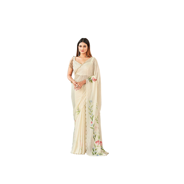 Women's Satin Hand Print Saree (TI3313_Cream)