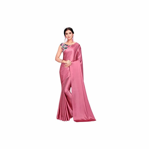 Women Soft Satin Silk Plain Saree With Art Silk Digital Printed Unstiched Blouse Piece.(Heavy Japan Satin Silk Saree of 5.5m saree length + 0.8m blouse piece)