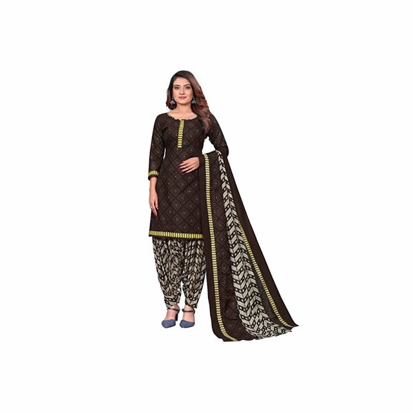 Women's Brown Cotton Printed Unstitched Salwar Suit