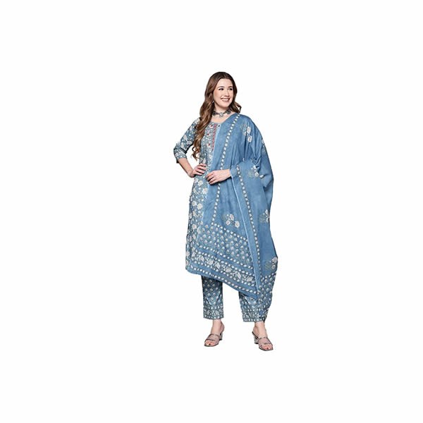 Blue floral print cotton Kurta Suit set with dupatta for women