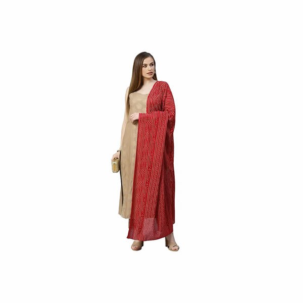 Women's Gold Print Rayon Straight Kurta Pant Dupatta Set (Beige)