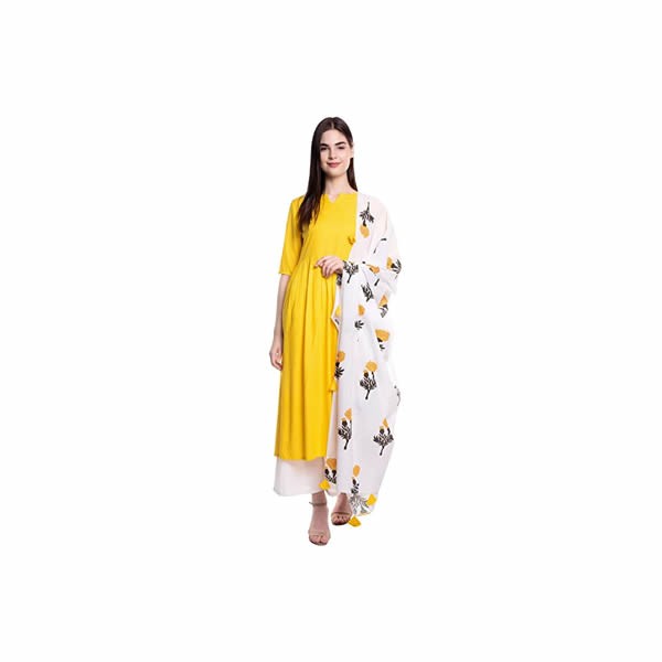 Women's Rayon Kurti with Palazzos & Dupatta (Yellow)