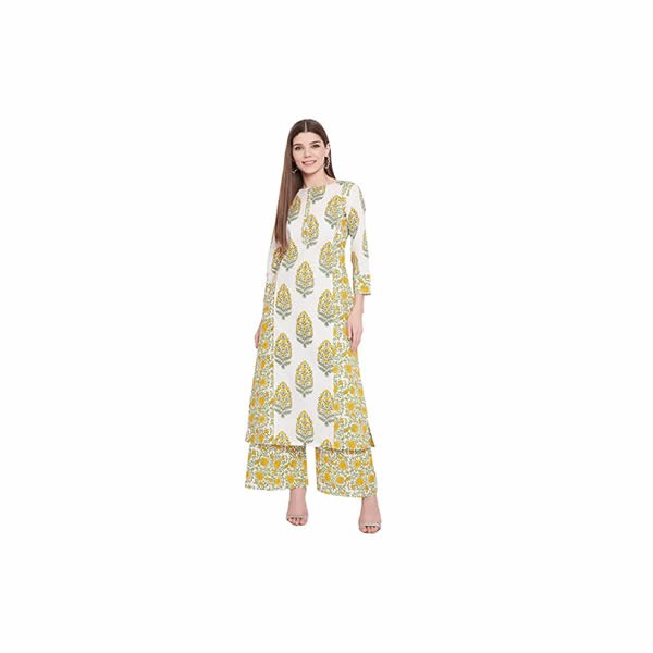 Women's White & Yellow Printed Straight Kurta with Printed Palazzos (White)