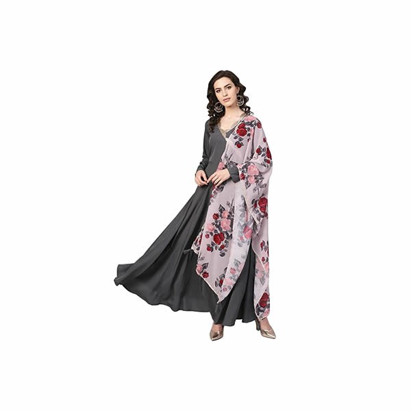 Dark Grey A-Line Kurta with Dupatta