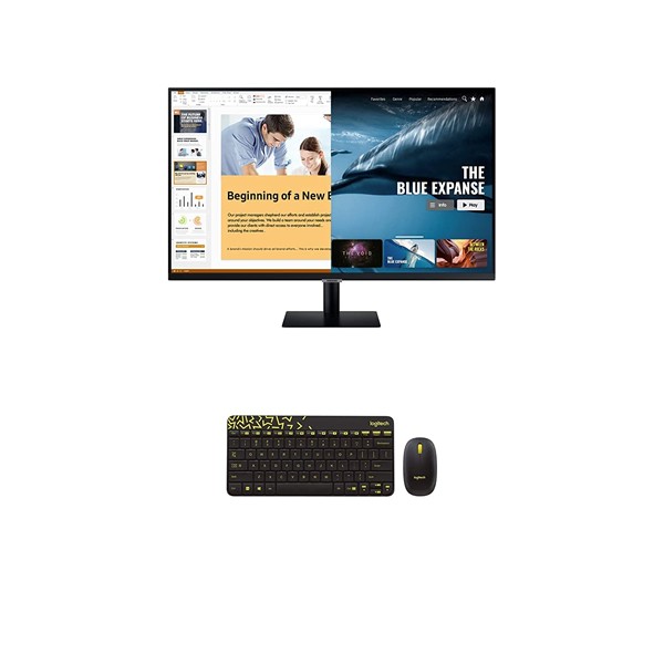 Samsung 32 inch (81.28 cm) M5 Smart Monitor (Remote Included) Video, Netflix, YouTube Streaming tunerless - Logitech MK240 Nano Wireless Keyboard and Mouse Combo