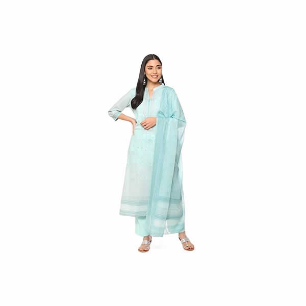 Women's Light Blue Silk Blend Digital Print Unstitched Suit Set