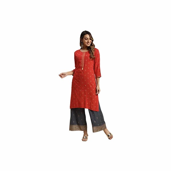 Women Rayon All Over Gold Ethnic Print Calf Length Straight Kurti -Red