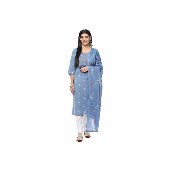 Women's Indigo Cotton Machine Embroidered Unstitched Suit Set 0