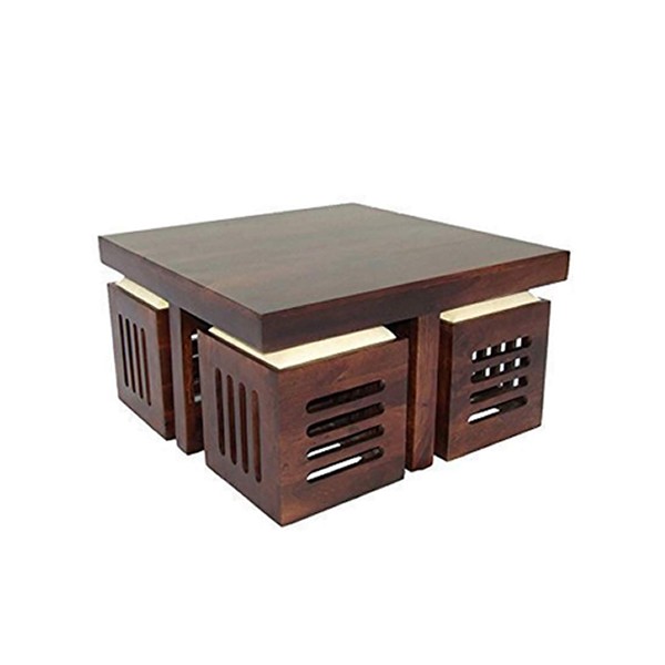 Md Decor Furniture Sheesham Wood Square Coffee Table for Living Room | Wooden Center Table | with 4 Stools | Cream Cushion