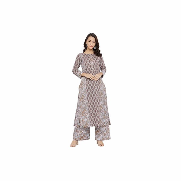 Women's Cotton Grey & Pink Floral Printed Straight Kurta with Palazzo