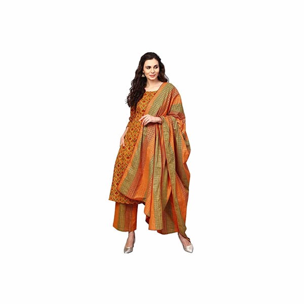 Women's Cotton Printed Straight Kurti with Palazzo Pants & Dupatta Set