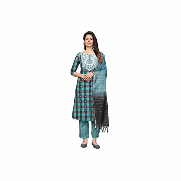 Women's Cotton Blend Embroidered & Mirror Straight Stitched Kurta Pant with Dupatta
