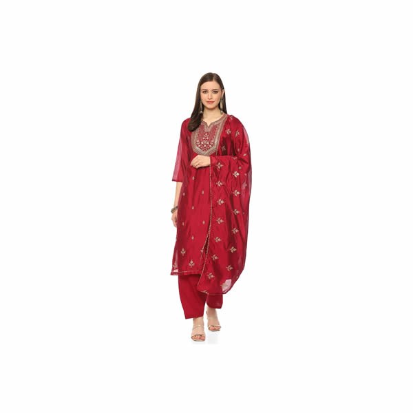 Women's Pink Chanderi Machine Embroidered Unstitched Suit Set
