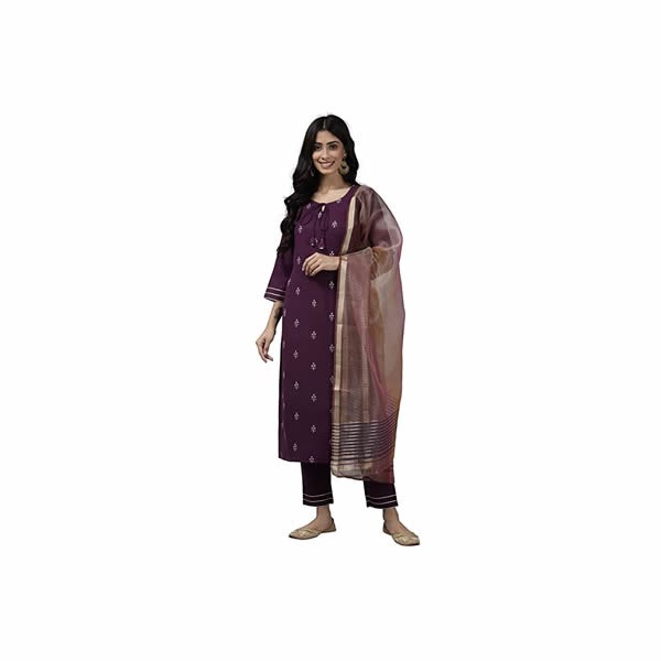 Women's Cotton Blend Embroidered Straight Kurta Trouser With Dupatta Set