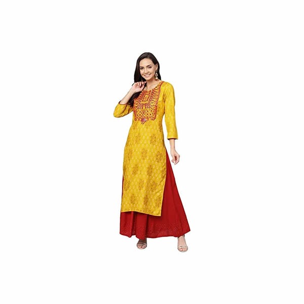 Women’s Rayon Embroidery Yellow Color Straight Kurta Kurties