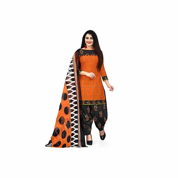 Women's Orange Cotton Floral Printed Unstitched Salwar Suit Material