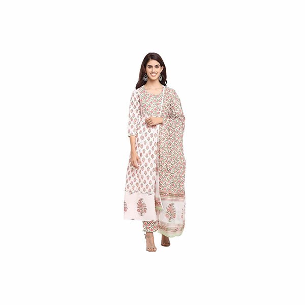 Women's Pure Cambric Cotton Printed Kurta Set With Dupatta (White & Pink)