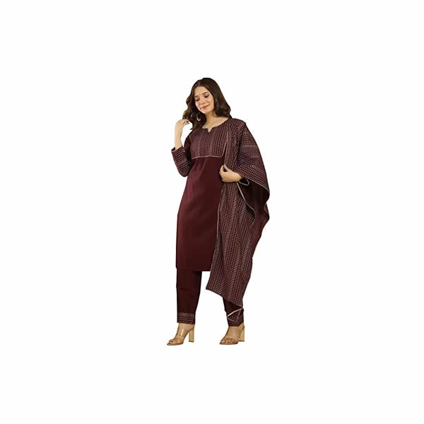 Women's Ruby Cotton Straight Solid Kurta with Palazzo & Dupatta (Maroon)