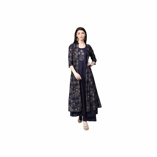 Women's Rayon Navy Blue Embroidered Anarkali Kurta Palazzo Set With Jacket 0