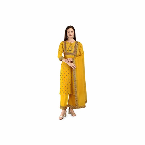 Rayon Yellow Printed Calf Length Kurta with Bottom(Pant) and Dupatta Set for Women