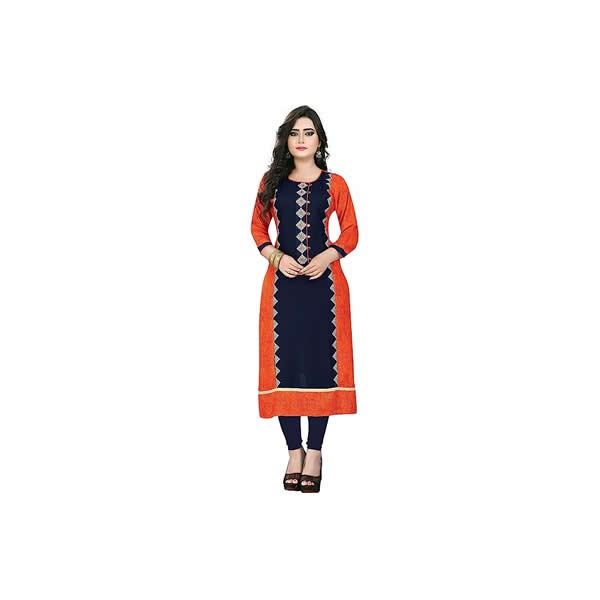 Women's Rayon Embroidered Stitched Straight Orange Stylish Kurta