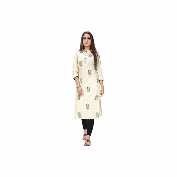 Rajnandini Women's Beige Khadi Cotton Jaipuri Printed Kurti